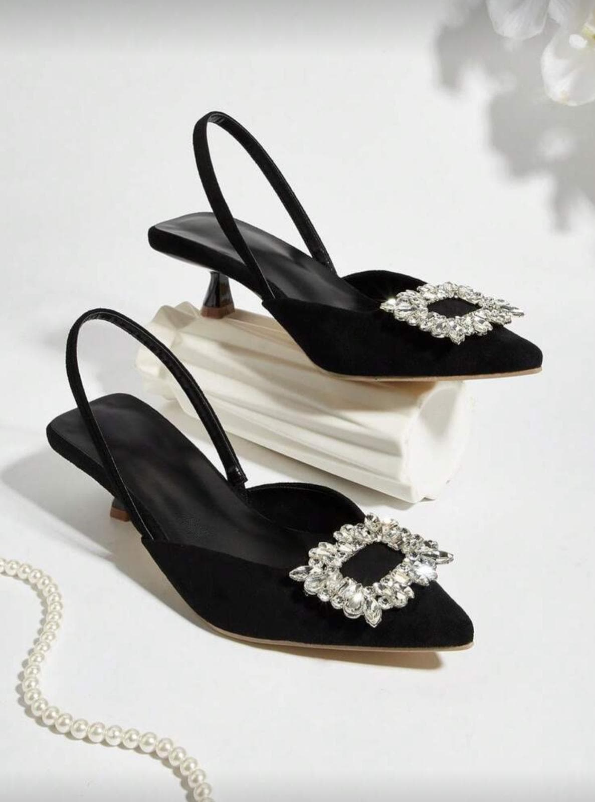 Black Suede Crystal Buckle Heel