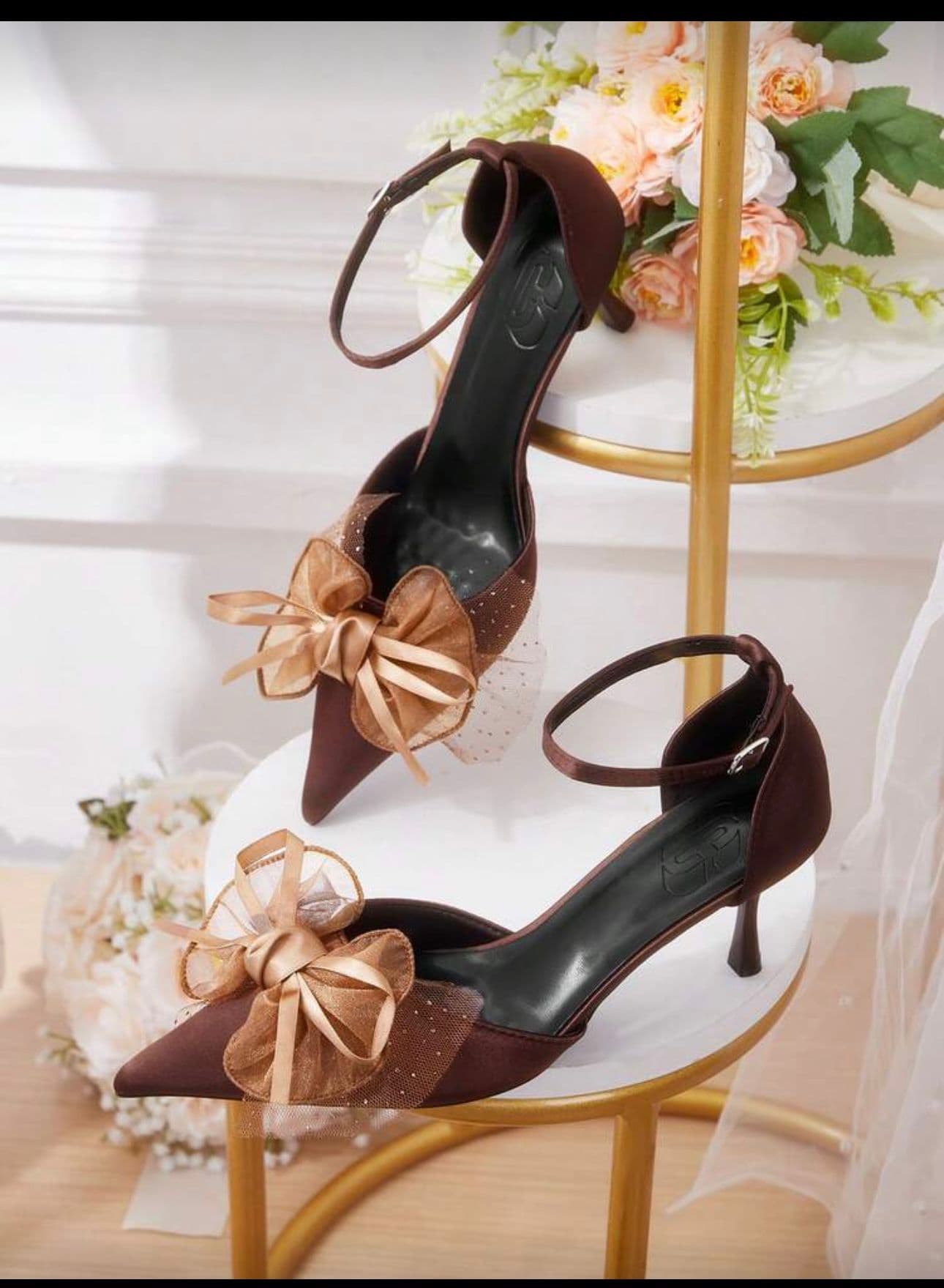 Brown Mesh Bow Heel