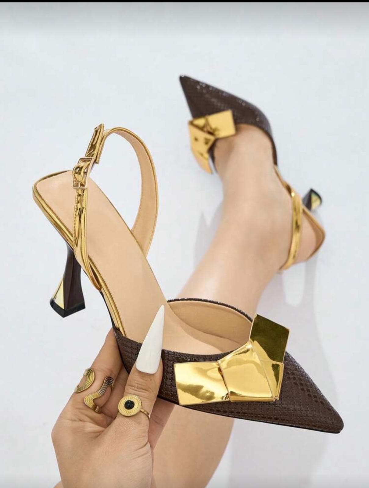 Brown & Gold Metallic Bow Heel