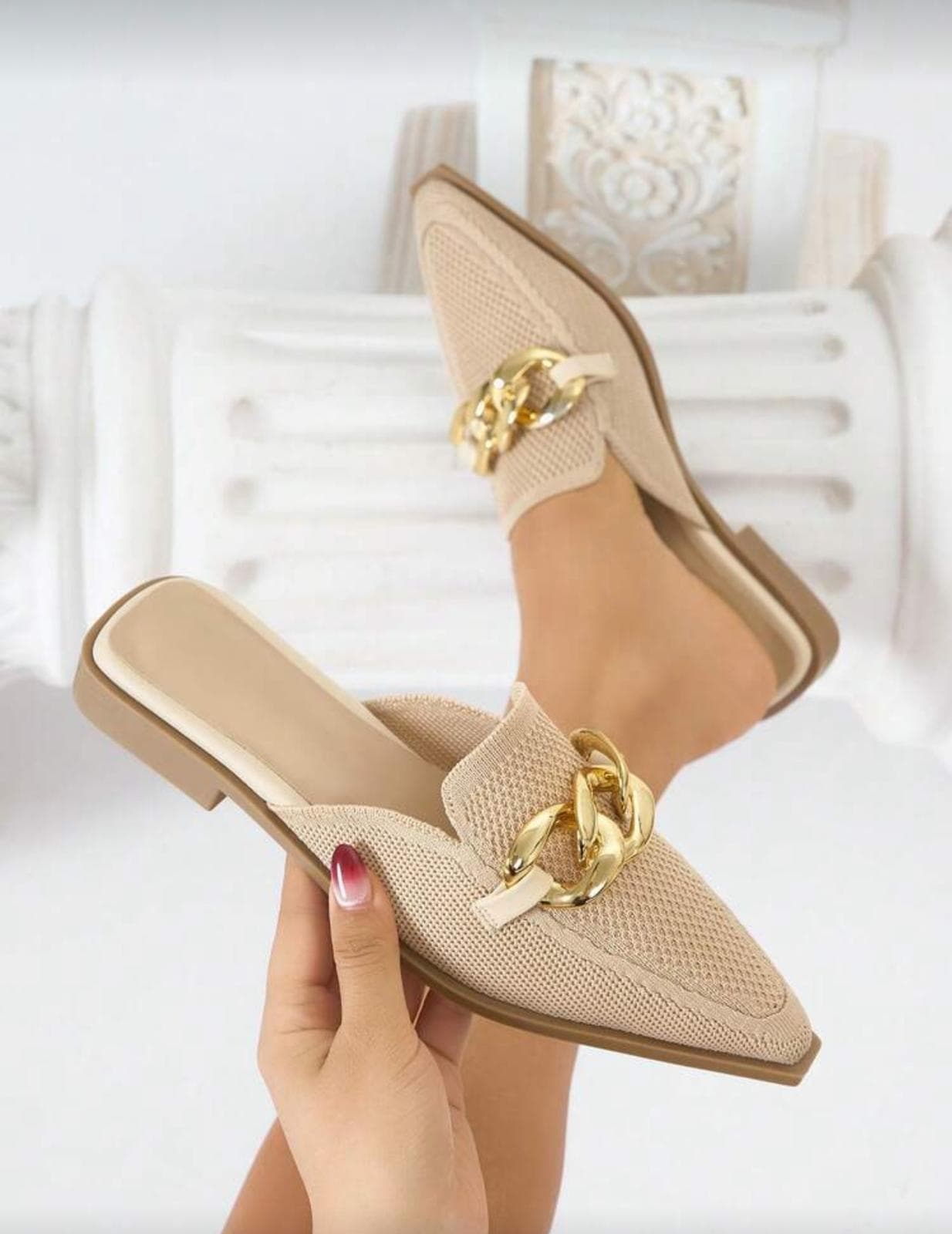 Nude Gold-Chain Pointed Mule