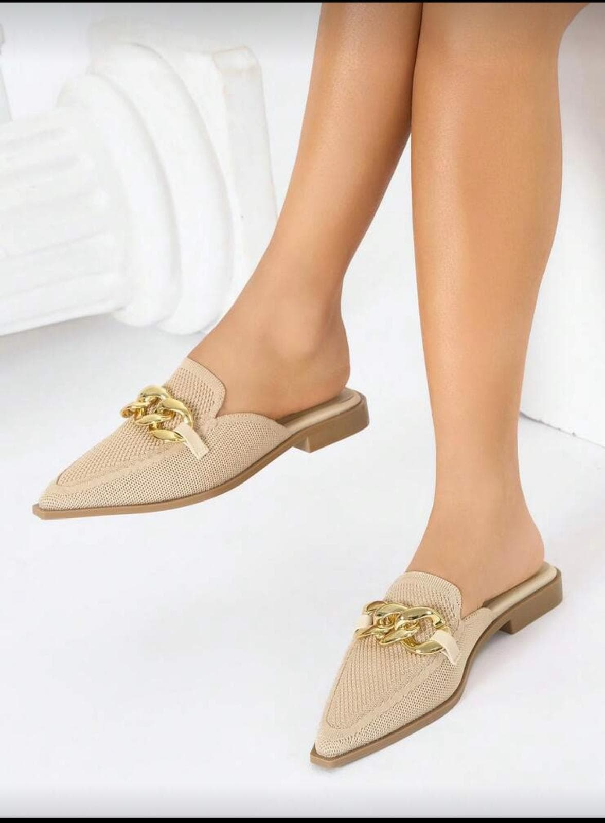 Nude Gold-Chain Pointed Mule