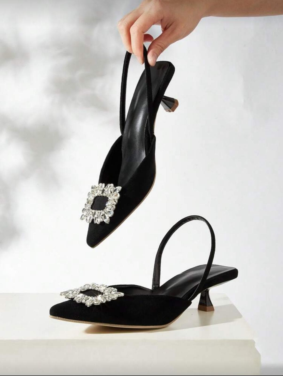 Black Suede Crystal Buckle Heel
