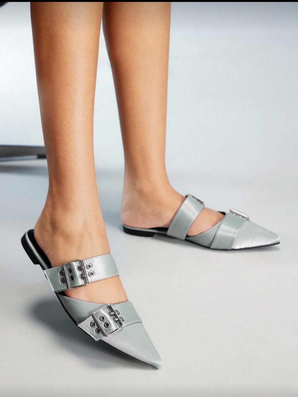 Silver Double-Buckle Pointed Mule